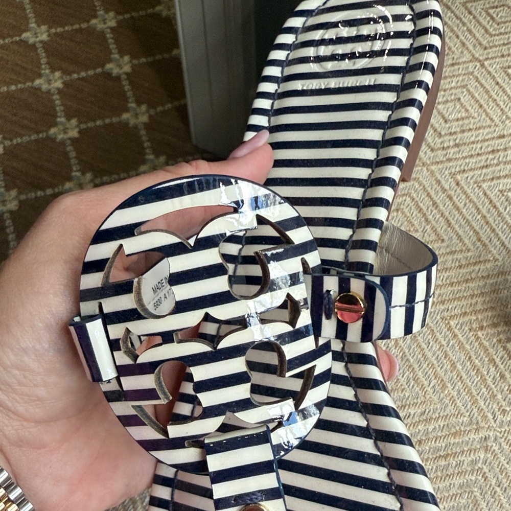 Tory Burch Striped Navy and White Sandals - Picture 2 of 5